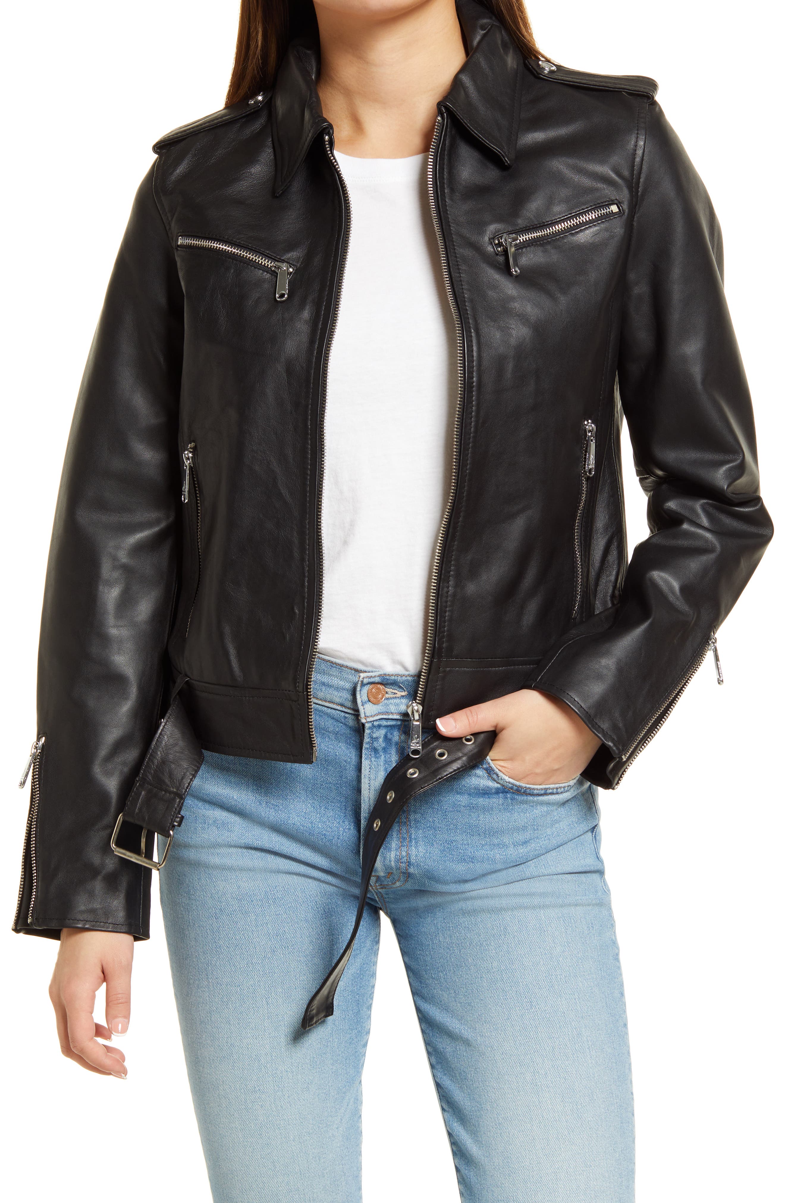 Ladies Cream Biker Style Fitted Real Lambskin Leather Jacket 